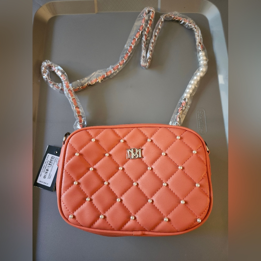 NWT Badgley Mischka Diamond quilted camera bag with pearls- coral